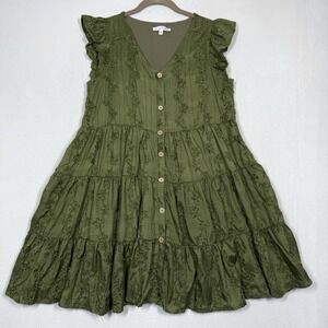 Baltic Born Dress Women Medium Kayla Button Up Embroidered V Neck Flutter Sleeve